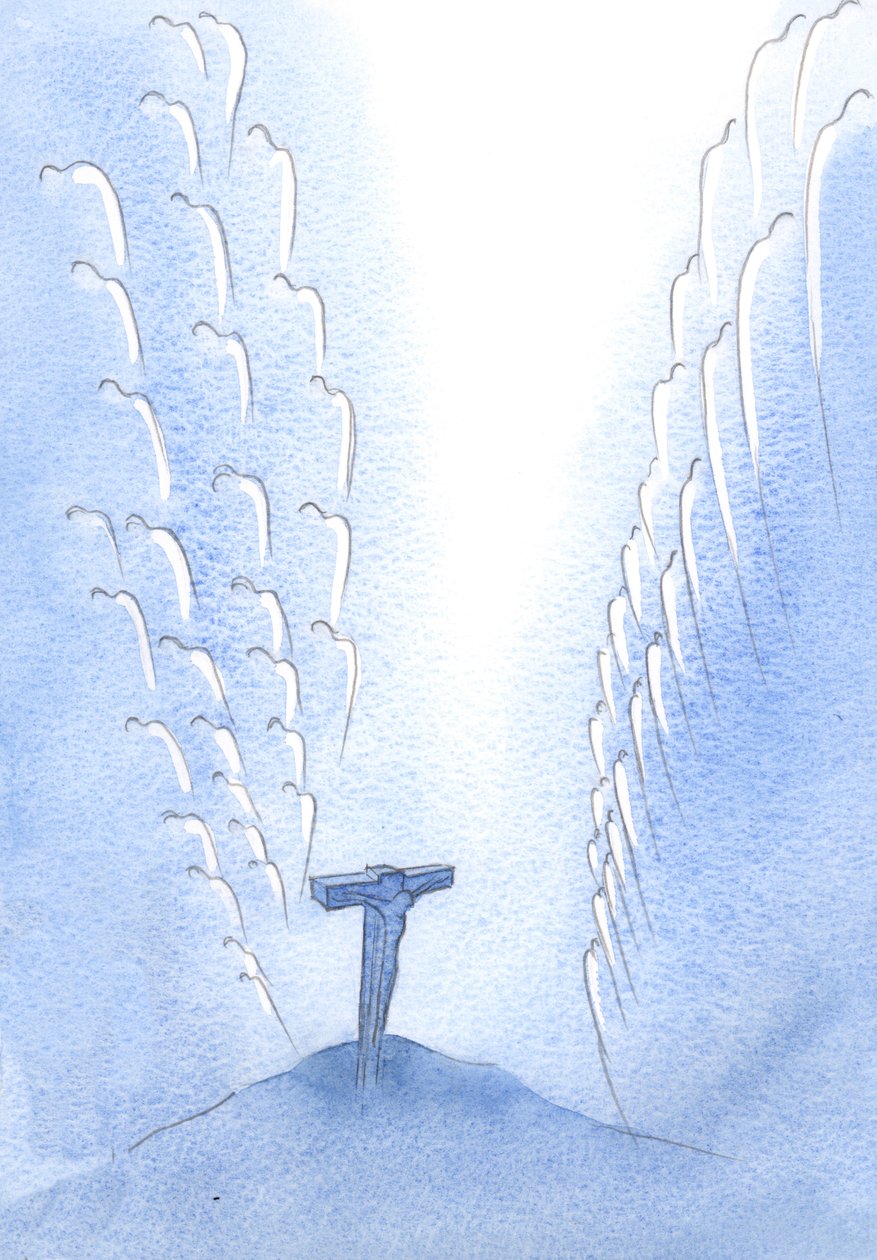 Kuinka enkelit, tuhannet heistä, vapisevat kauhusta, kun Jumalan Poika kuoli Golgatalla antautuessaan ja loputtomasti ylistäessä Isää., 2001 (w/c paperilla) tekijältä Elizabeth Wang