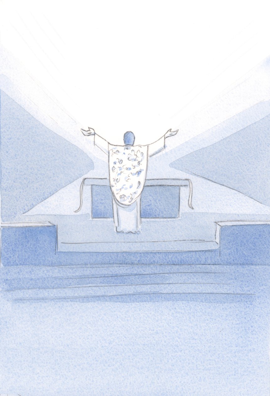 Näin Kristuksen vihkimisen jälkeen. Hän seisoi alttarin edessä kädet ylhäällä ja rukoili papillisia rukouksiaan (myös meidän) Isälle ylhäällä., 2001 (paperilla) tekijältä Elizabeth Wang