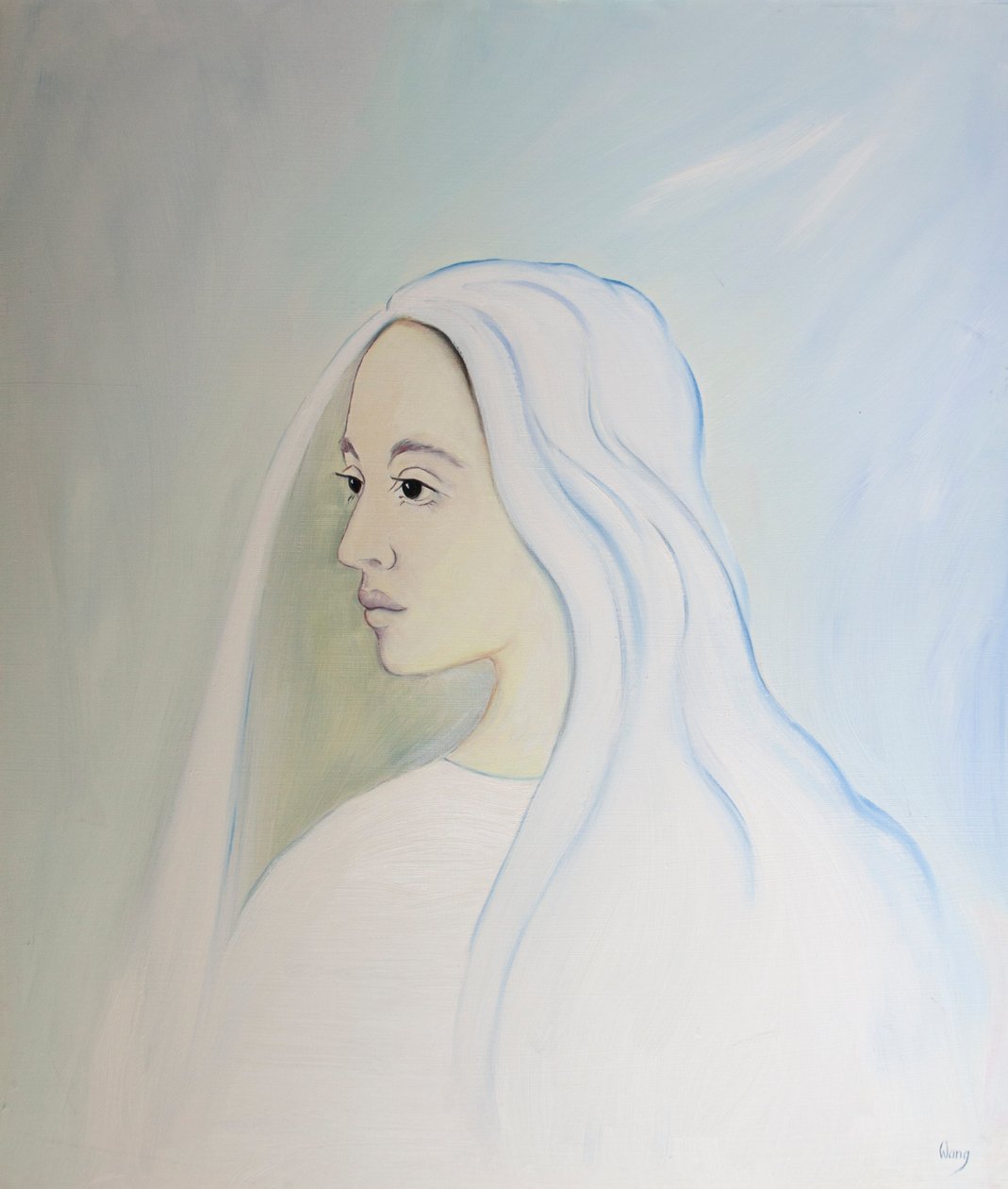 Taivaassa Neitsyt Maria jakaa poikansa huolen kaikesta, mitä maan päällä tapahtuu, 2000 (öljy aluksella) tekijältä Elizabeth Wang