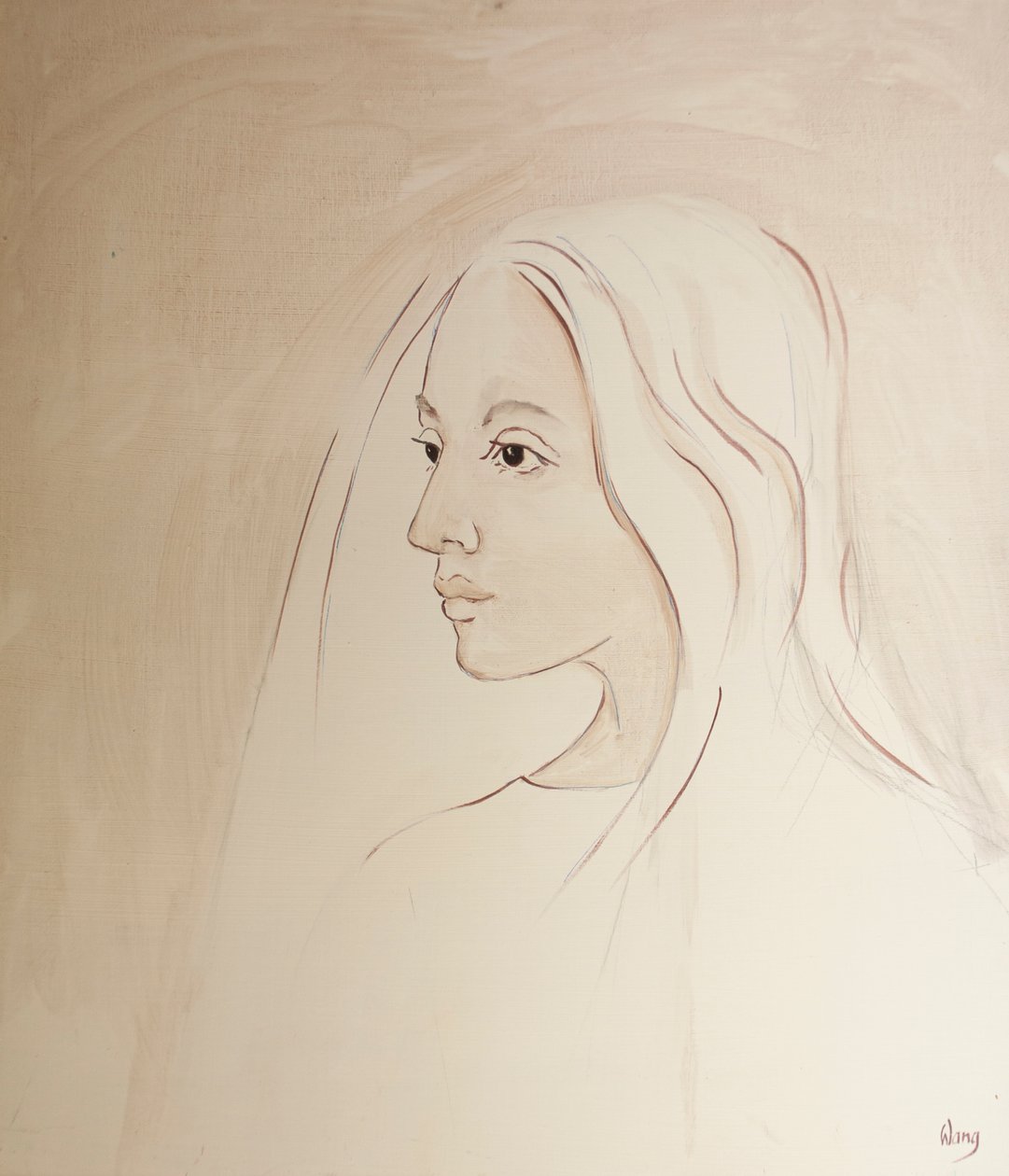 Taivaassa Neitsyt Maria jakaa poikansa huolen kaikesta, mitä maan päällä tapahtuu, 2000 (öljy aluksella) tekijältä Elizabeth Wang