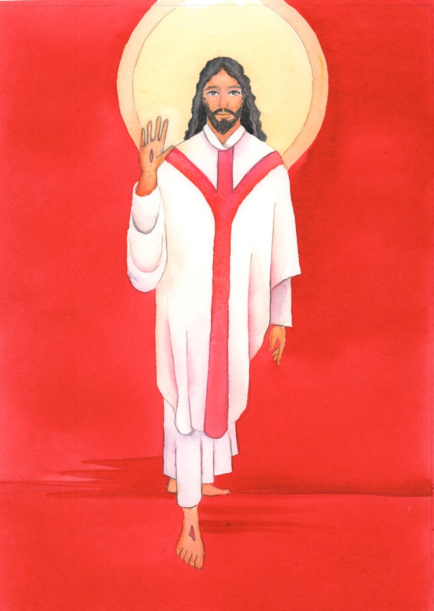 Messussa Jeesus tervehtii suurella kiintymyksellä kaikkia, jotka rakastavat ja toivottavat Häntä tervetulleeksi. Hän on todella läsnä kanssamme pyhässä ehtoollisessa, 2000 (w/c paperilla) tekijältä Elizabeth Wang