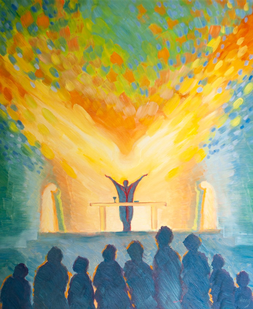 Pyhässä liturgiassa, aivan kuten henkilökohtaisessa rukouksessamme, luotamme Pyhän Hengen voimaan, 2000 (öljyä aluksella) tekijältä Elizabeth Wang