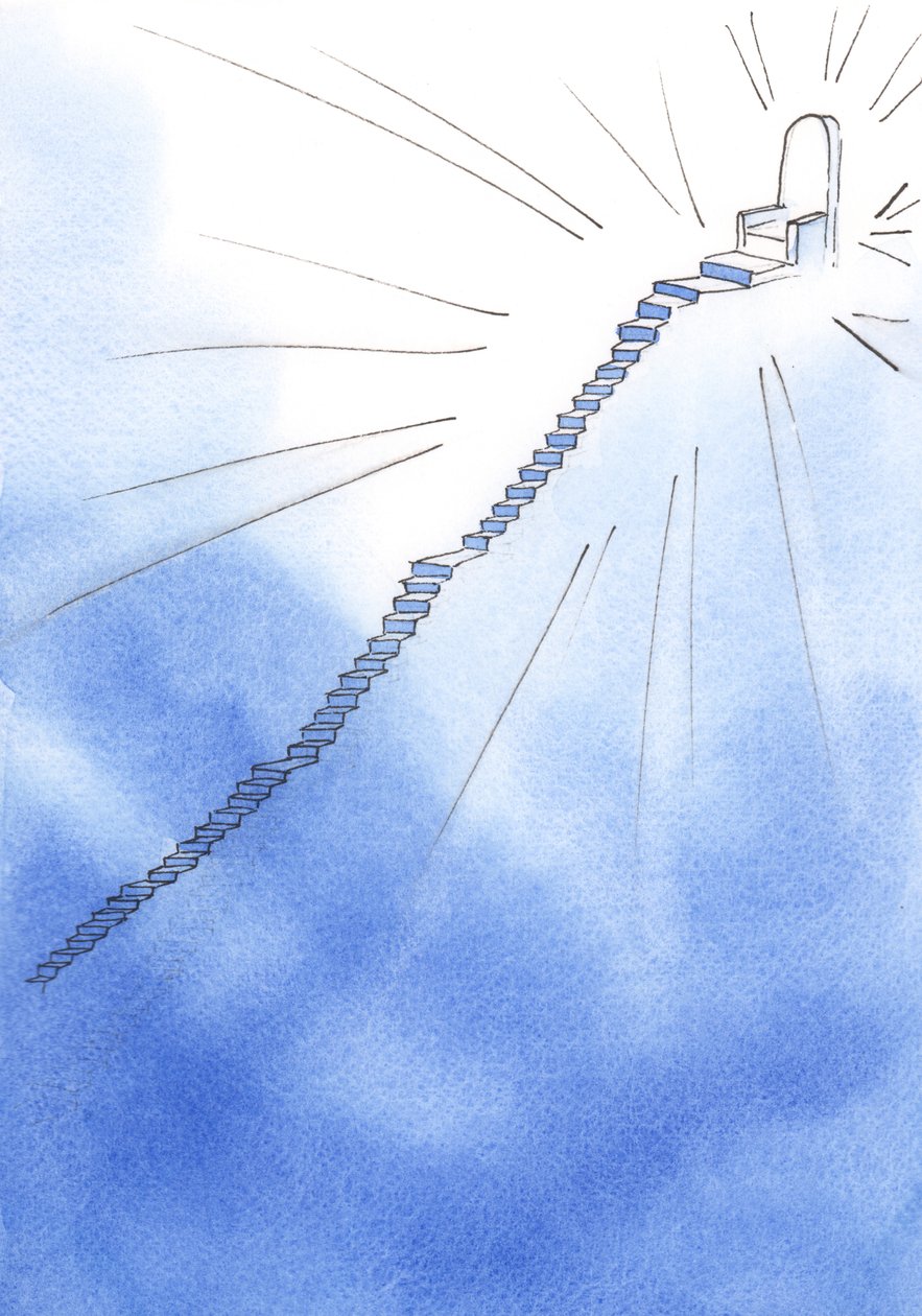 Hengellisessä elämässä edessä on portaat, hyvin jyrkät, mutta silti lepopaikkoja. Huipulla seisoo Jumalan valtaistuin. Tie on selvä, 2002 (w/c paperilla) tekijältä Elizabeth Wang