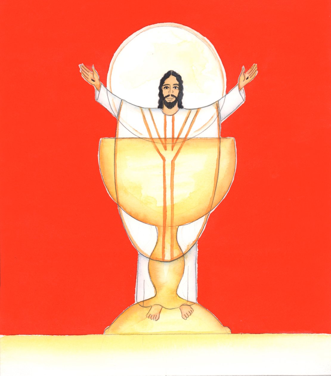 Jeesus Kristus, ruumiillistunut Jumalamme, on olennaisesti läsnä kanssamme pyhässä eukaristiassa, 2005 (akvarelli paperille). tekijältä Elizabeth Wang
