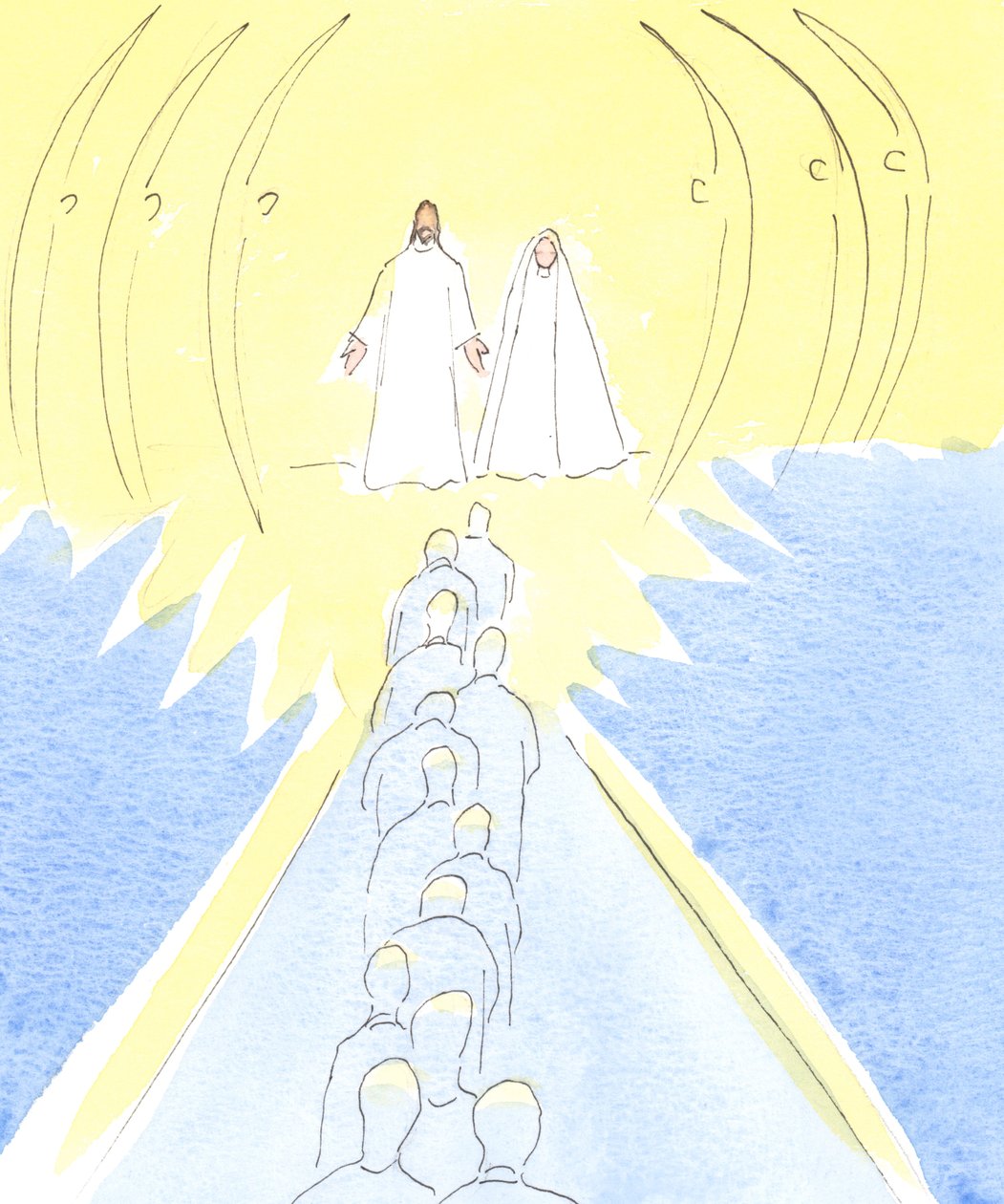 Ristiinnaulittu Jeesus odottaa taivaan portilla äitinsä Marian ja pyhien enkelien kanssa, 2000 (paperilla) tekijältä Elizabeth Wang