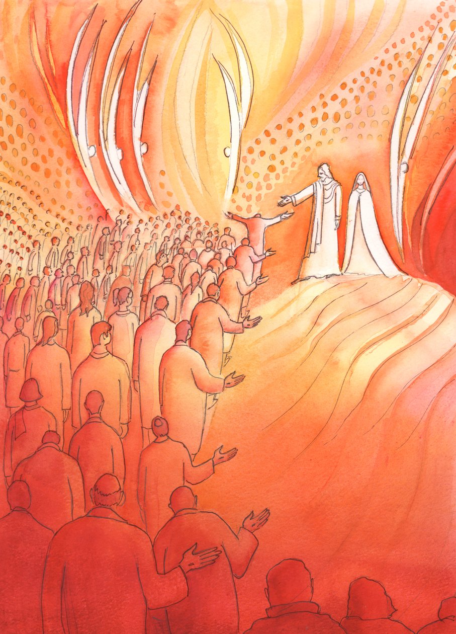 Ristiinnaulittu Jeesus odottaa taivaan portilla äitinsä Marian ja pyhien enkelien kanssa, 2000 (paperilla) tekijältä Elizabeth Wang