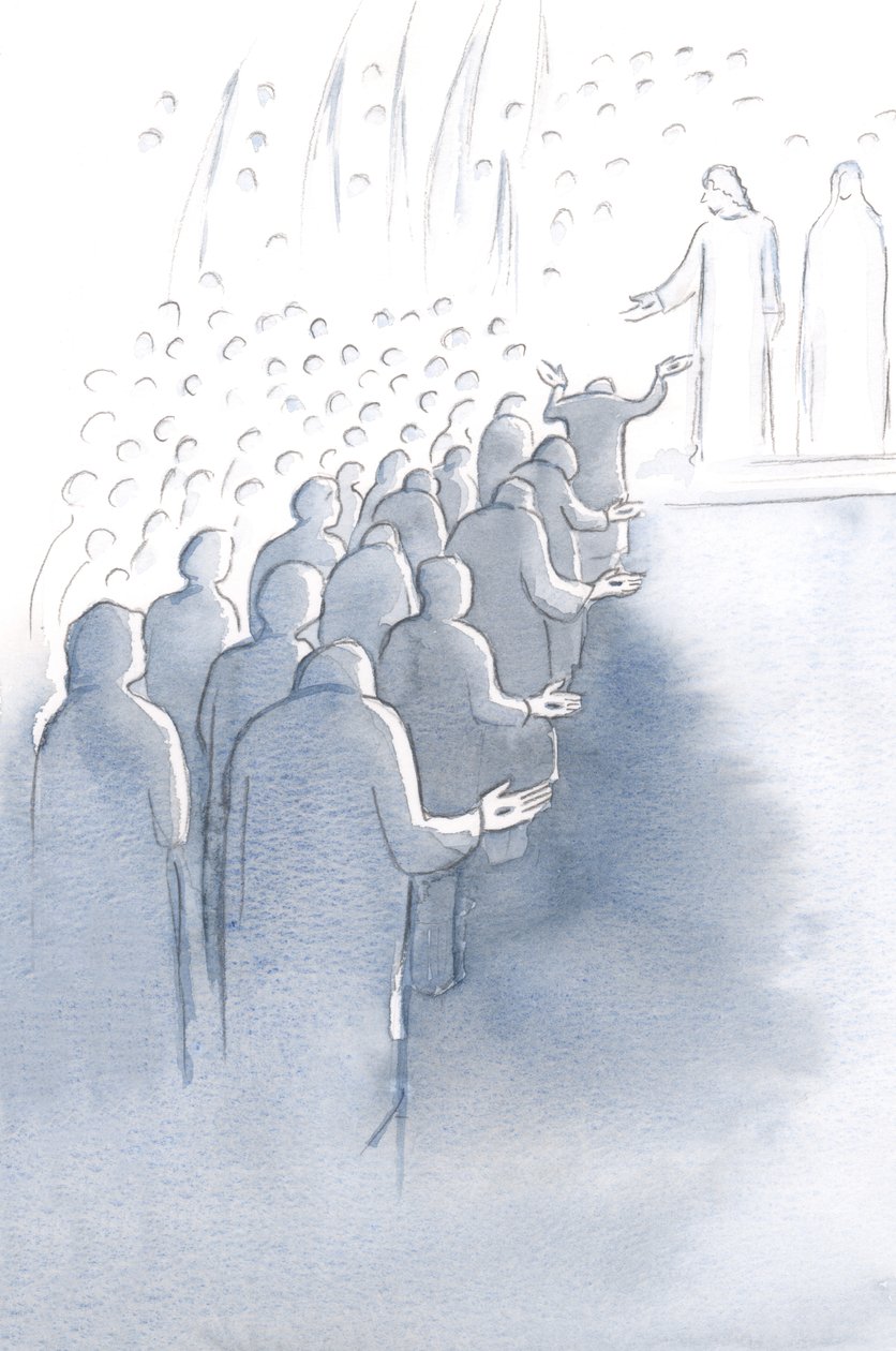 Ristiinnaulittu Jeesus odottaa taivaan portilla äitinsä Marian ja pyhien enkelien kanssa, 2000 (paperilla) tekijältä Elizabeth Wang