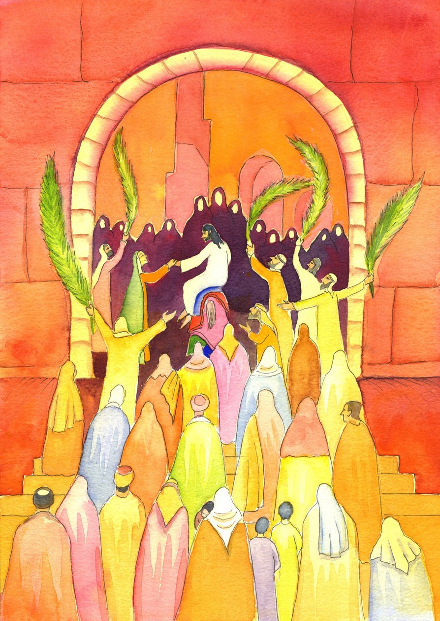 Jeesus saapuu Jerusalemiin kulkueessa (palmusunnuntai), 2001 (paperilla) tekijältä Elizabeth Wang