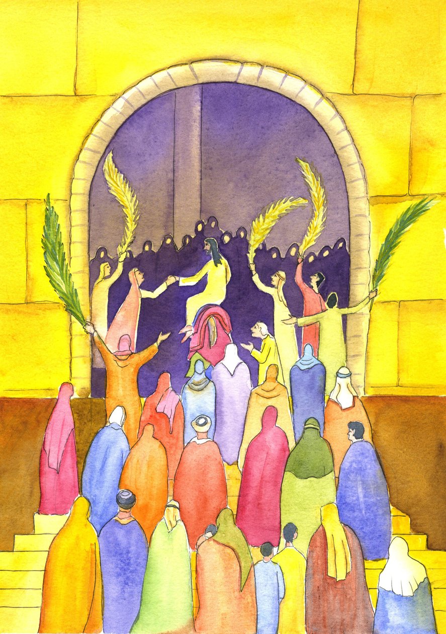 Jeesus saapuu Jerusalemiin kulkueessa (palmusunnuntai), 2001 (paperilla) tekijältä Elizabeth Wang