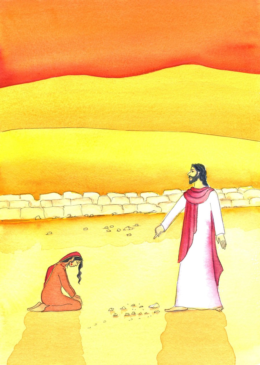 Jeesus antaa anteeksi aviorikoksesta kiinni jääneelle naiselle, 2006 (paperilla) tekijältä Elizabeth Wang