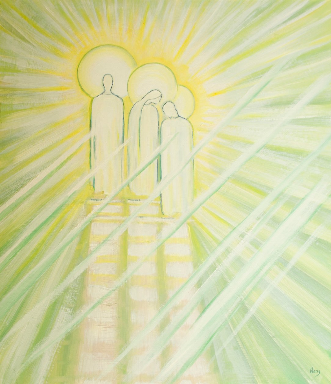 Jeesus antaa suuren esirukousvoiman Neitsyt Marialle ja Pyhälle Joosefille sekä kaikille, jotka rukoilevat toisten puolesta hänen nimessään, 2000 (öljyä laivalla) tekijältä Elizabeth Wang