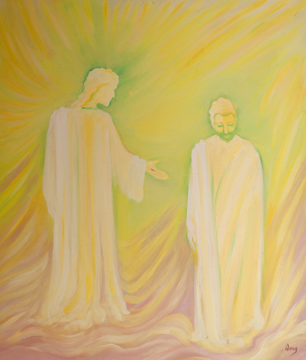 Jeesus kunnioittaa sijaisisäänsä Pyhää Joosefia ja pyytää meitä ihailemaan hänen hyveitään ja pyytämään hänen rukouksiaan, 2000 (öljy laivalla) tekijältä Elizabeth Wang