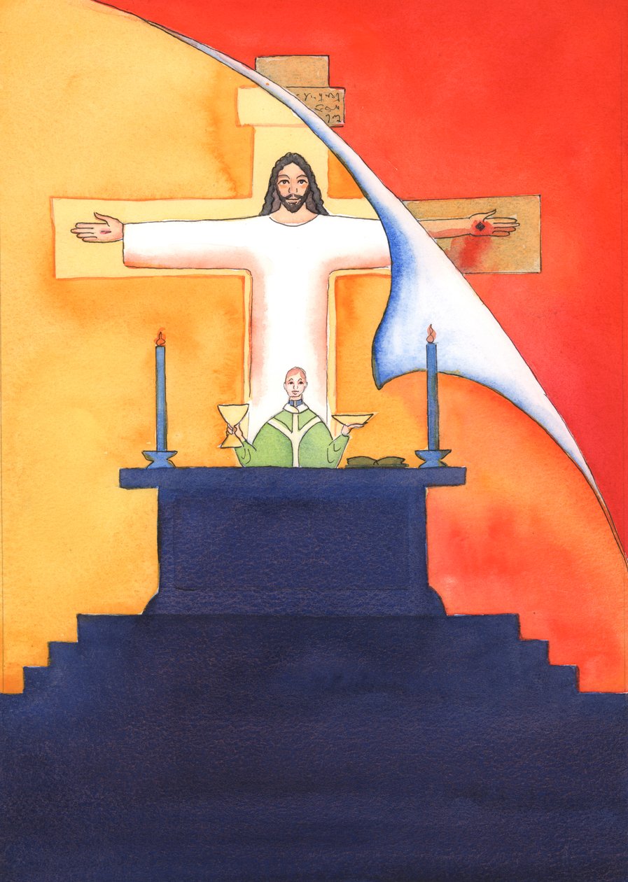 Jeesus on läsnä kanssamme messussa ja rukoilee Isää puolestamme, apua tarpeissamme ja ikuista pelastusta. Voimme yhdistää kaikki rukouksemme hänen suureen uhrirukoukseensa, 2004 (w/c on pa tekijältä Elizabeth Wang