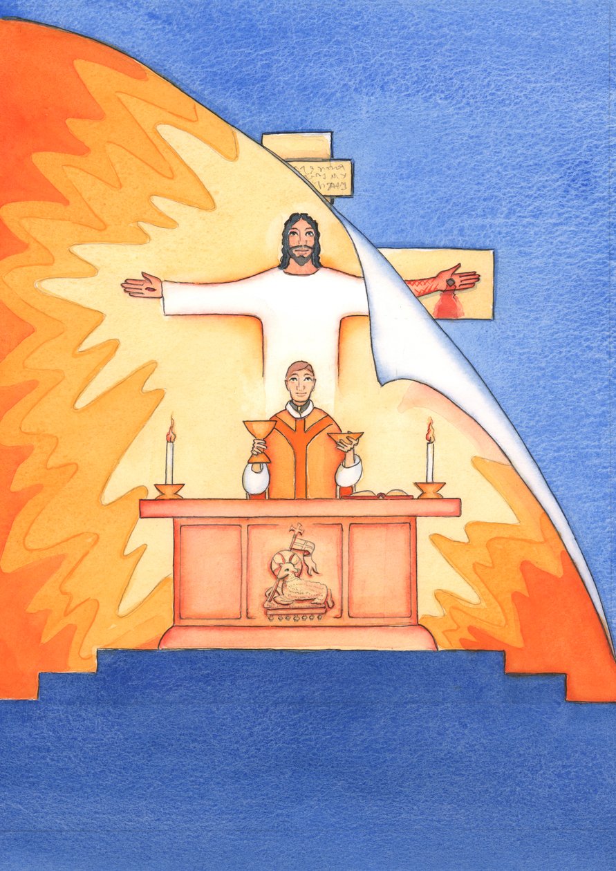 Jeesus on läsnä kanssamme messussa ja rukoilee Isää puolestamme, apua tarpeissamme ja ikuista pelastusta. Voimme yhdistää kaikki rukouksemme hänen suureen uhrirukoukseensa, 2004 (w/c on pa tekijältä Elizabeth Wang