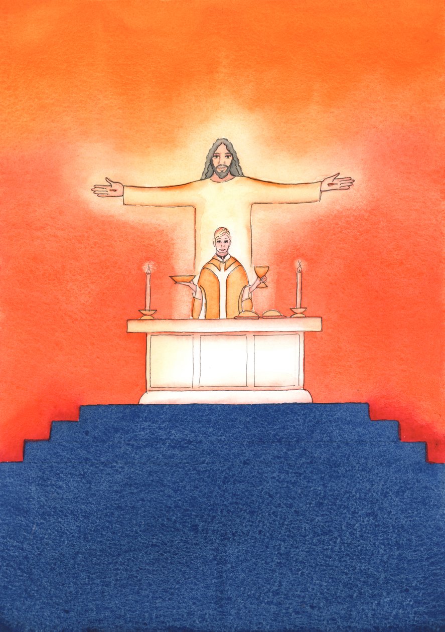 Jeesus on läsnä kanssamme messussa ja rukoilee Isää puolestamme, apua tarpeissamme ja ikuista pelastusta. Voimme yhdistää kaikki rukouksemme hänen suureen uhrirukoukseensa, 2004 (w/c on pa tekijältä Elizabeth Wang
