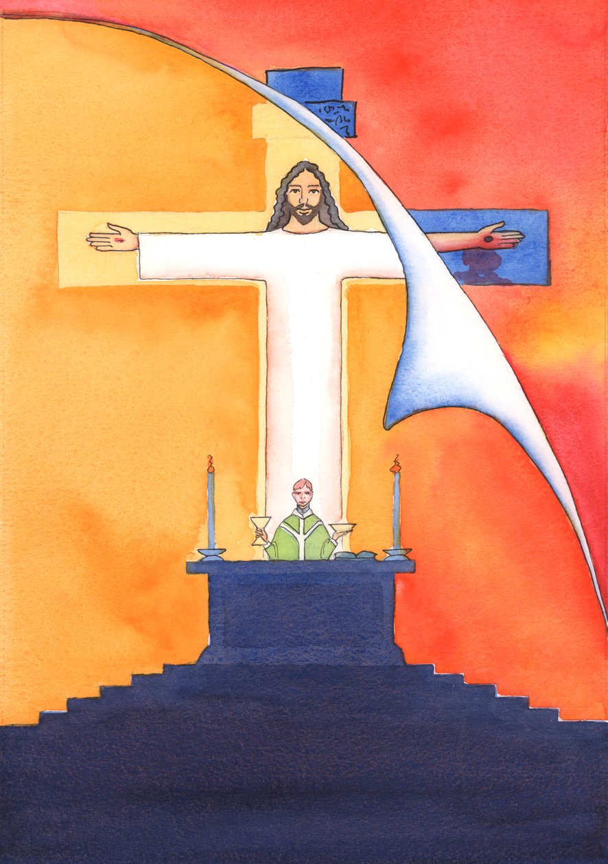 Jeesus on läsnä kanssamme messussa ja rukoilee Isää puolestamme, apua tarpeissamme ja ikuista pelastusta. Voimme yhdistää kaikki rukouksemme hänen suureen uhrirukoukseensa, 2004 (w/c on pa tekijältä Elizabeth Wang