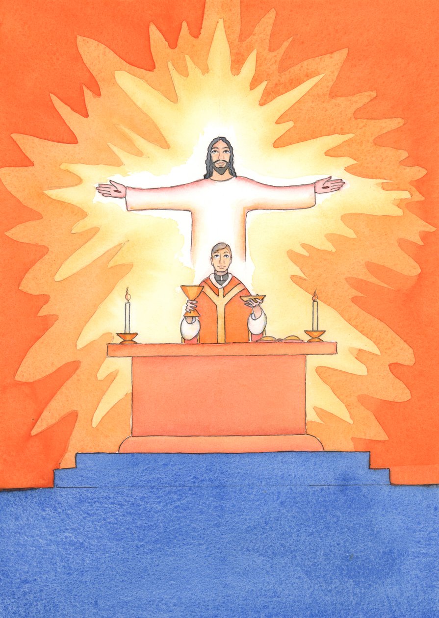 Jeesus on läsnä kanssamme messussa ja rukoilee Isää puolestamme, apua tarpeissamme ja ikuista pelastusta. Voimme yhdistää kaikki rukouksemme hänen suureen uhrirukoukseensa, 2004 (w/c on pa tekijältä Elizabeth Wang