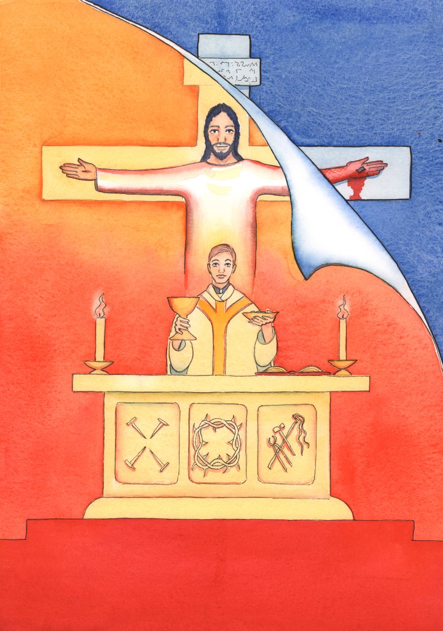 Jeesus on läsnä kanssamme messussa ja rukoilee Isää puolestamme, apua tarpeissamme ja ikuista pelastusta. Voimme yhdistää kaikki rukouksemme hänen suureen uhrirukoukseensa, 2004 (w/c on pa tekijältä Elizabeth Wang