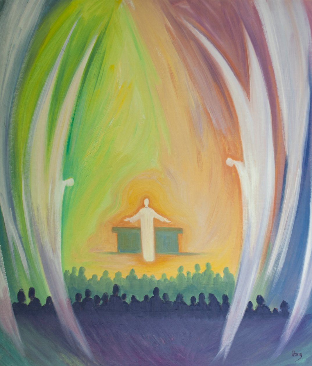 Jeesus on todella läsnä kanssamme messussa, enkelien palvomassa, 2000 (öljy laivalla) tekijältä Elizabeth Wang