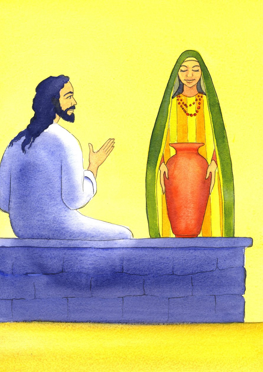 Jeesus tapaa samarialaisen naisen kaivolla, 2001 (paperilla) tekijältä Elizabeth Wang
