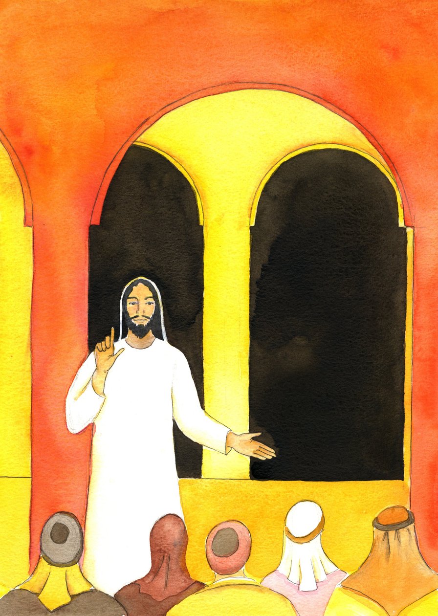 Jeesus saarnasi temppelissä, puhui totuutta ja suututti joitain ihmisiä, jotka sitten suunnittelivat vahingoittaakseen Häntä, 2001 (paperilla) tekijältä Elizabeth Wang