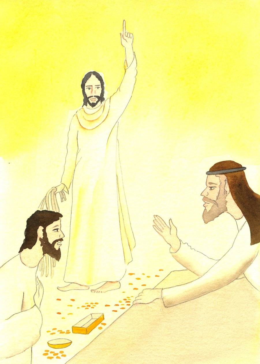 Jeesus sanoo rahanvaihtajille temppelissä: Eikö ole kirjoitettu: "Minun huoneeni kutsutaan rukoushuoneeksi kaikille kansoille?", 2001 (paperilla) tekijältä Elizabeth Wang
