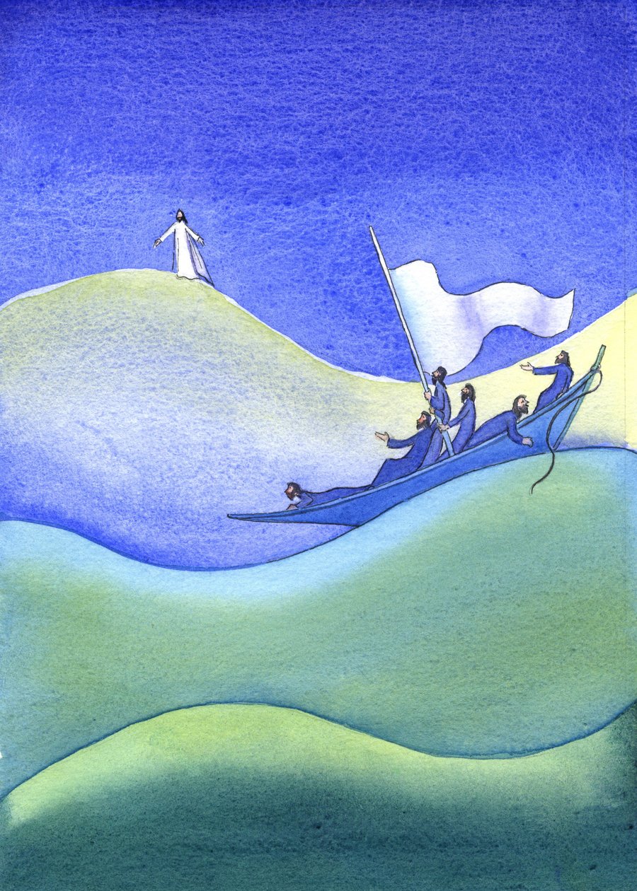 Jeesus kävelee veden päällä, 2001 (paperilla w/c) tekijältä Elizabeth Wang