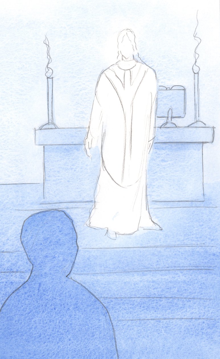 Jeesus oli keskuudessamme messussa, papin kaapussa, kääntyen puoleemme johdattaakseen meidät rukoukseen, 2000 (paperilla) tekijältä Elizabeth Wang