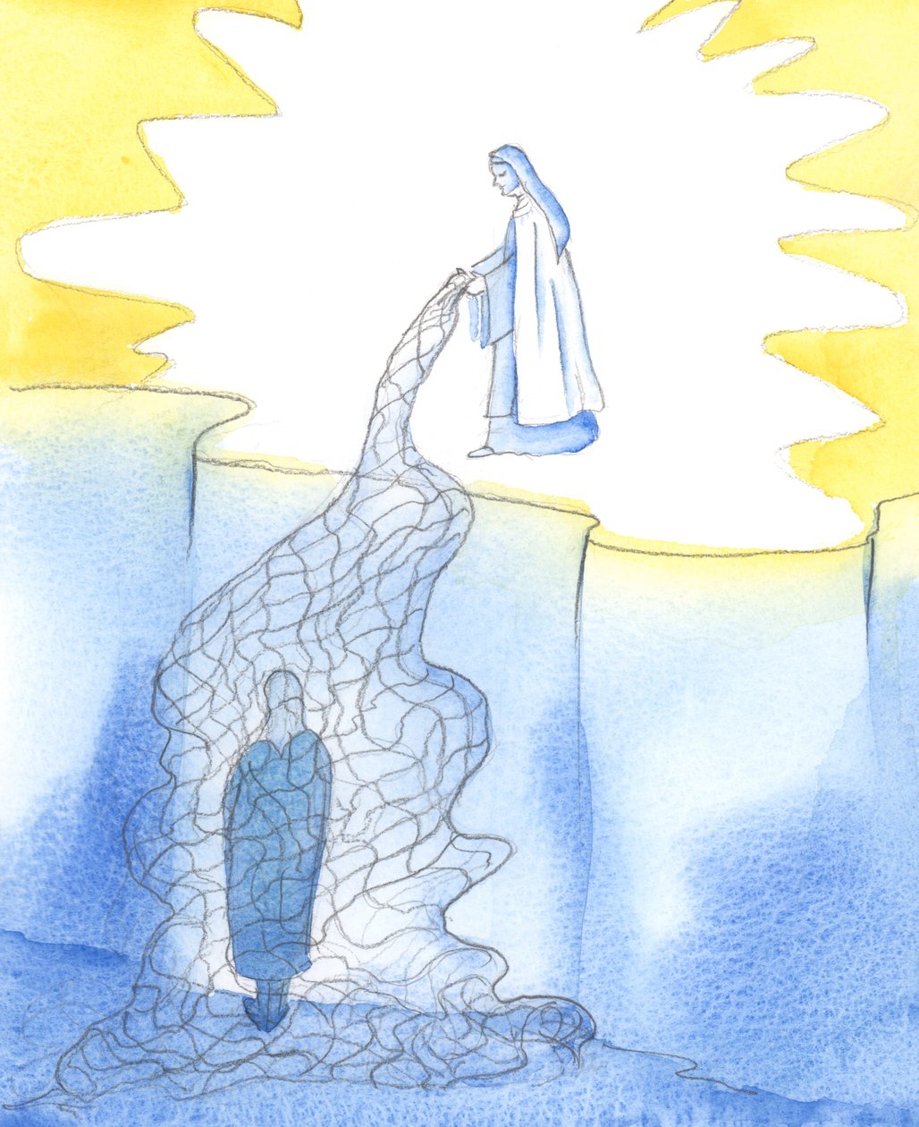 Kun pyhimys näkee lähestyvän pyhäkköä ja näkemämme antaumuksemme, hän laskee armon "verkon" vetääkseen meidät lähemmäksi taivasta, 2002 (paperilla) tekijältä Elizabeth Wang