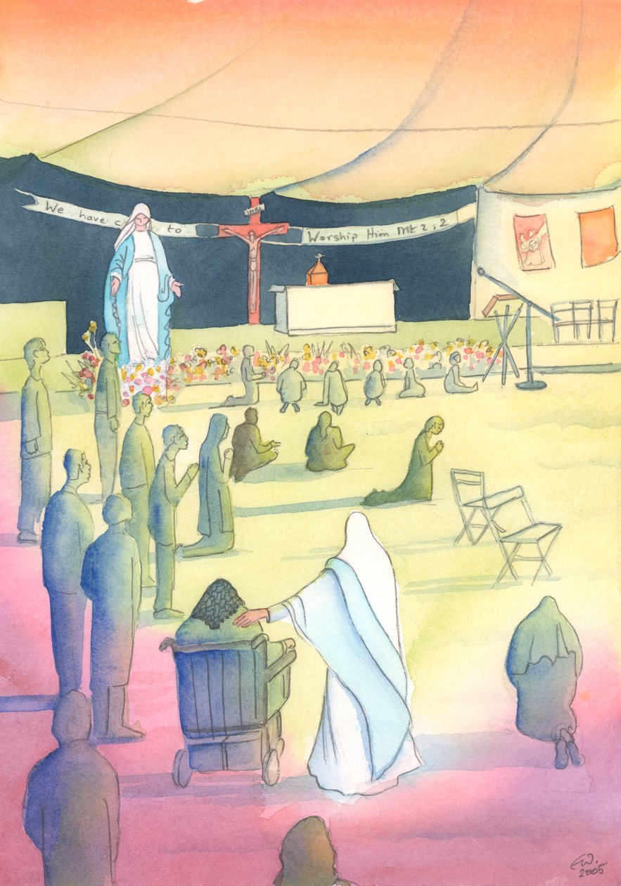 Neitsyt Maria tulee olemaan kanssamme, kun me palvomme Jumalaa ja kunnioitamme häntä, 2004 (w/c paperilla) tekijältä Elizabeth Wang