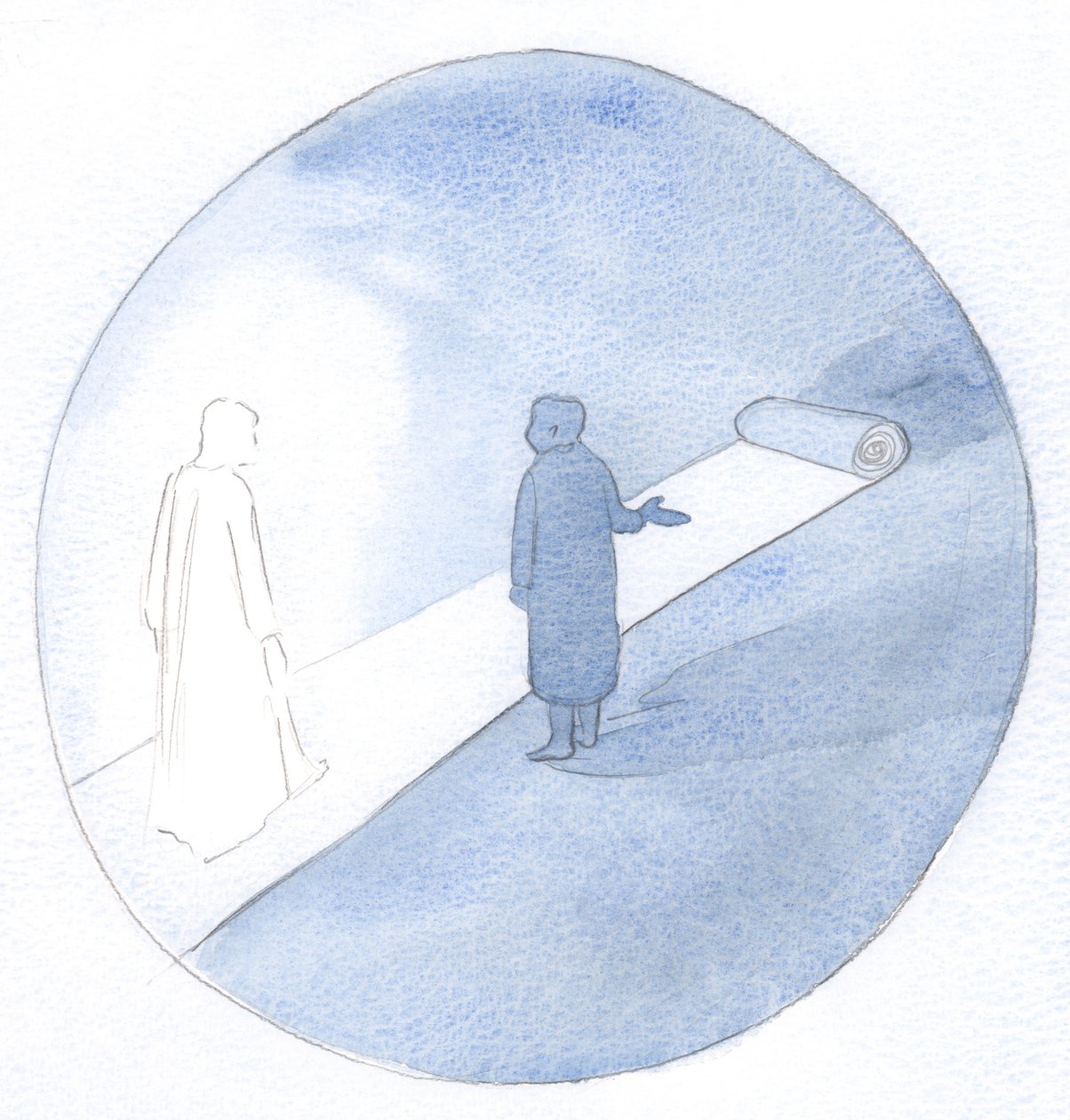 Edessä oleva elämämme on kuin kuninkaallinen valtatie. Voimme astua sen päälle vaatien huomiota tai voimme kävellä kärsivällisesti Kristuksen takana., 2001 (w/c paperilla) tekijältä Elizabeth Wang