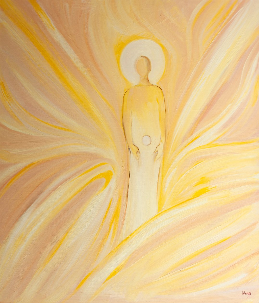 Pyhä Anna sikisi kohdussaan tahrattoman kuin isäntä; Neitsyt Maria, josta tulisi Jumalanäiti, 2000 (öljy aluksella) tekijältä Elizabeth Wang