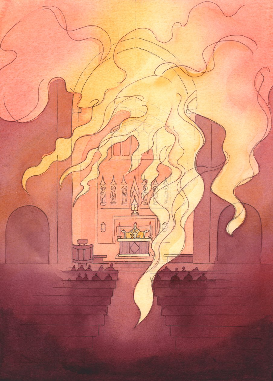 Kaikkien pyhä ja majesteettinen Jumala on läsnä kanssamme pyhäkössämme, kuin leimuava tuli, joka ulottuu koko rakennuksen läpi, 2003 (paperilla) tekijältä Elizabeth Wang
