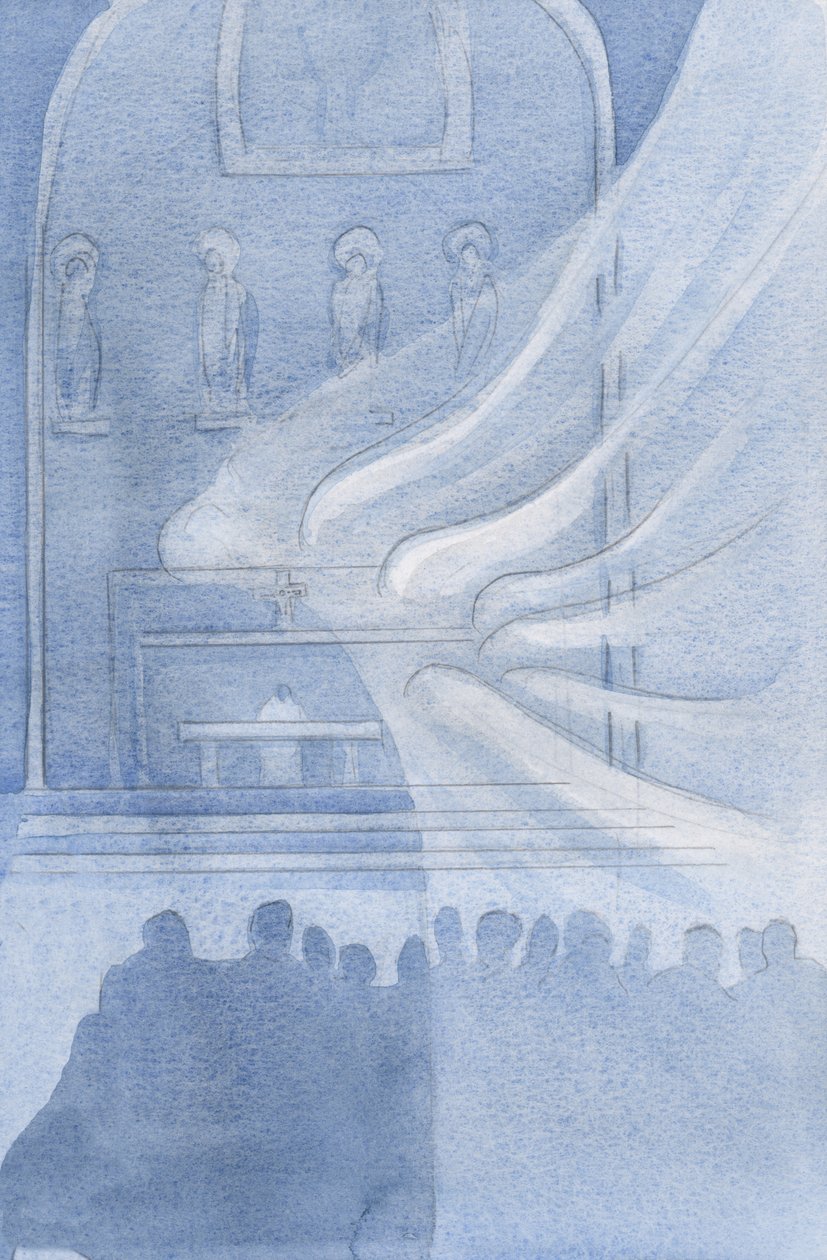 Enkelit palvovat Kristusta Pyhässä Eukaristiassa, 2001 (paperilla) tekijältä Elizabeth Wang