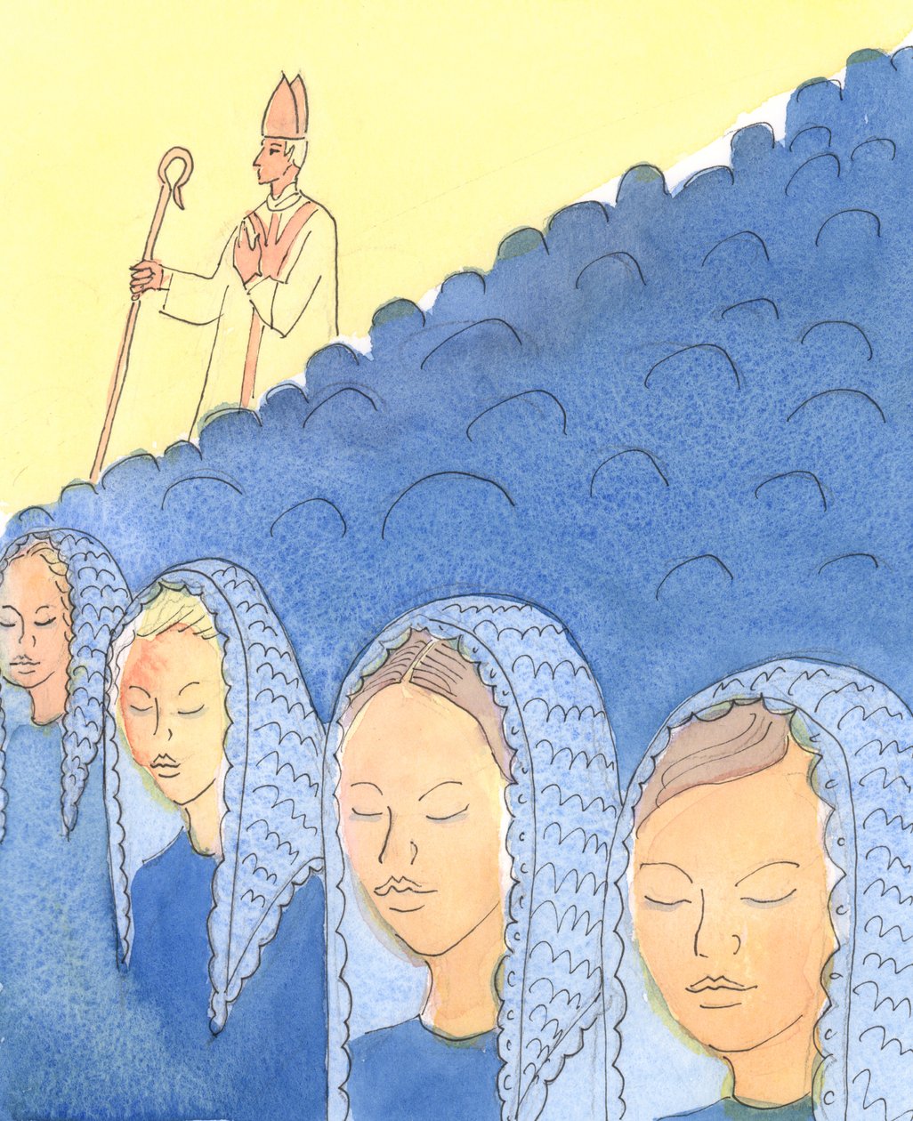 Pään peittäminen ja paljastaminen on tärkeää Bishopsille, 2004 (w/c paperilla) tekijältä Elizabeth Wang