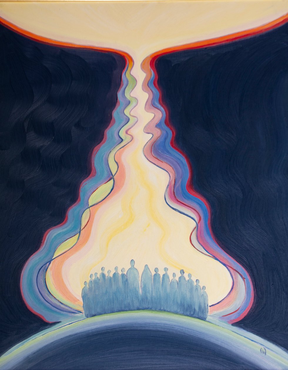 Kirkon rukous, joka esitetään Jeesuksen kautta ja Marian kanssa, on kuin napanuora, joka yhdistää meidät taivaaseen, 2001 (öljyä aluksella) tekijältä Elizabeth Wang