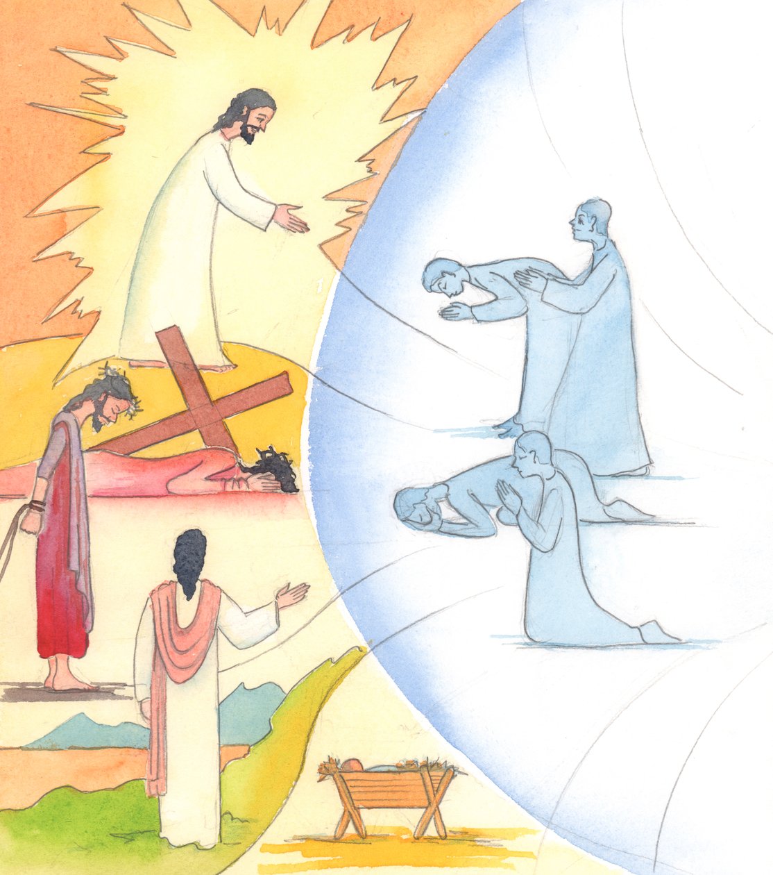 Rukouksen kautta, erityisesti kirkon liturgisen rukouksen syklin kautta, voimme päästä Kristuksen maallisen elämän salaisuuksiin, 2005 (akvarelli paperille). tekijältä Elizabeth Wang
