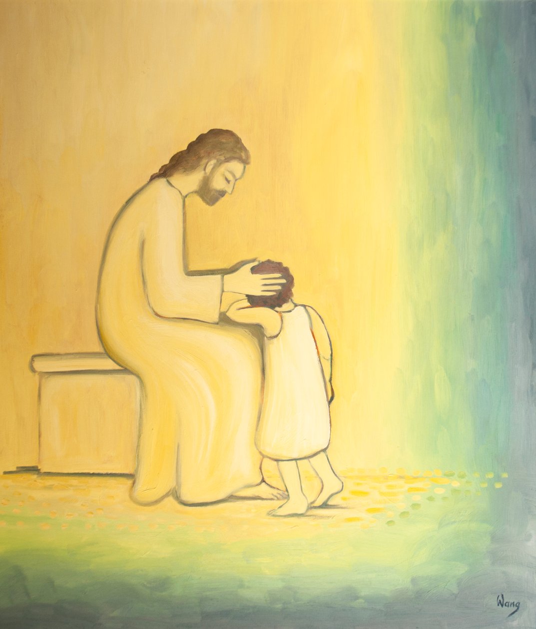 Kun teemme parannuksen synneistämme, Jeesus Kristus katsoo meihin hellästi, aivan kuin äiti syleilee lastaan, 2001 (öljyä aluksella) tekijältä Elizabeth Wang