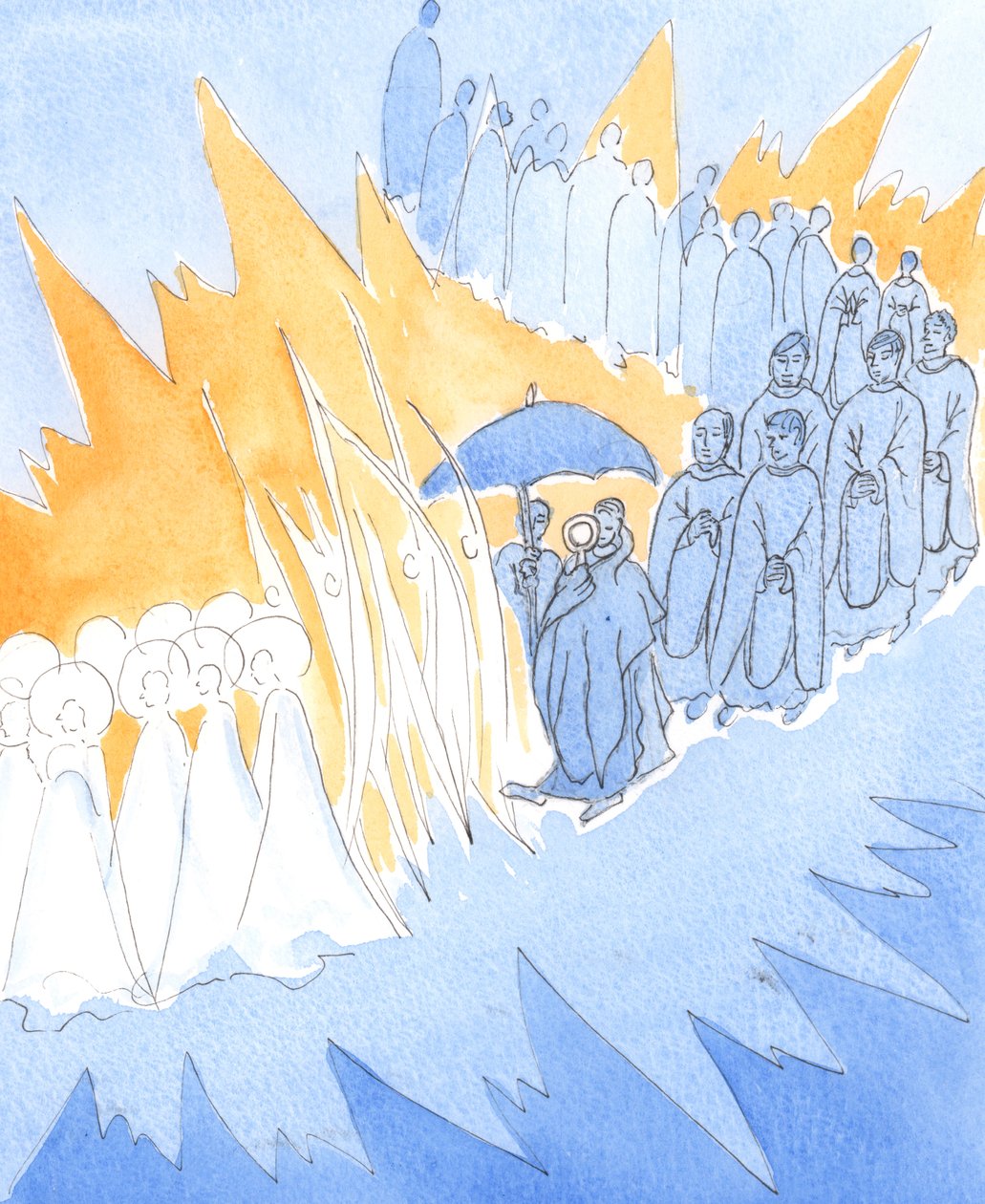 Aina kun kunnioitamme Jeesuksen läsnäoloa Siunatussa Sakramentissa, enkelit ja pyhät liittyvät meihin jumalanpalveluksessamme, 2004 (paperilla) tekijältä Elizabeth Wang