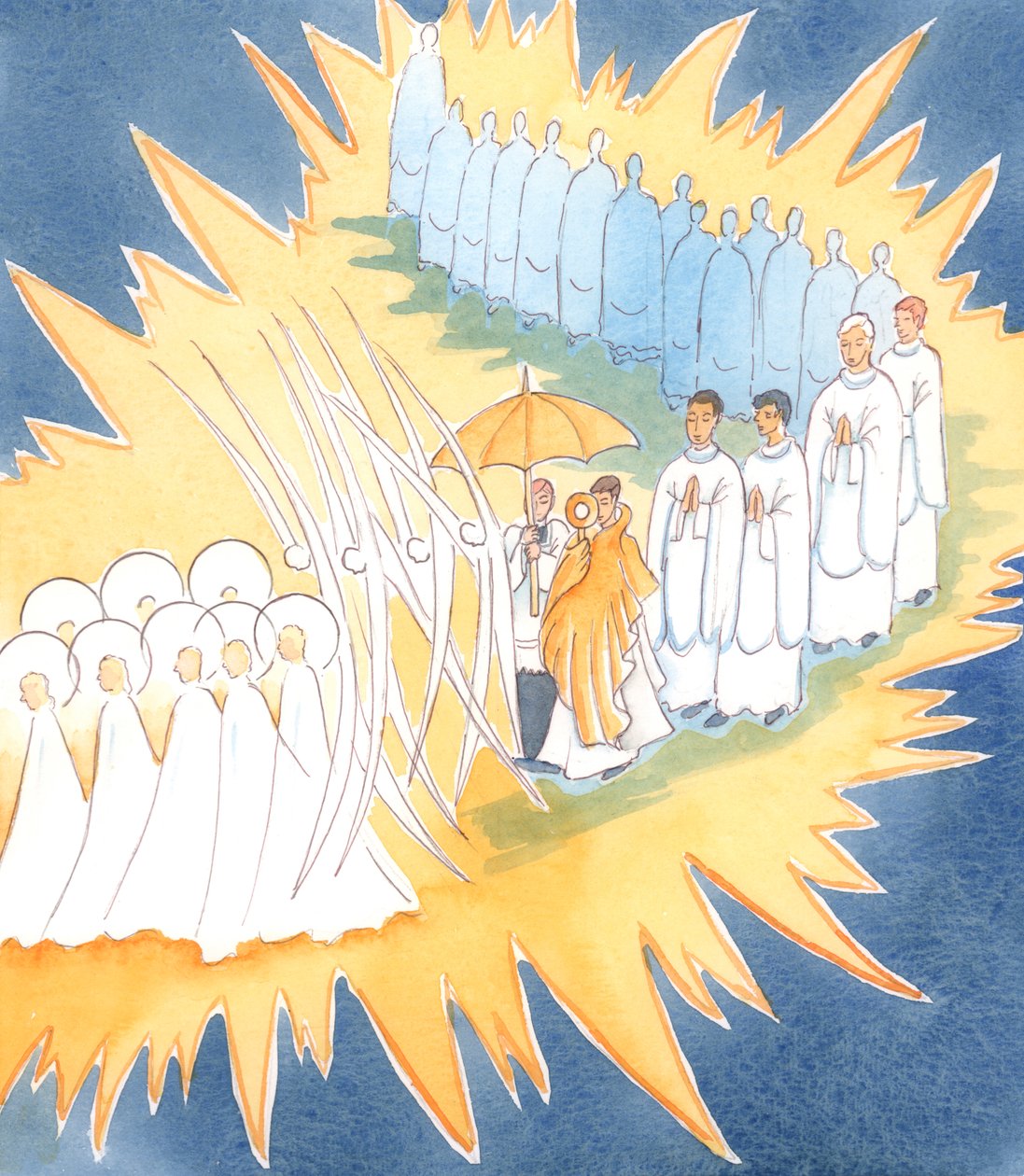 Aina kun kunnioitamme Jeesuksen läsnäoloa Siunatussa Sakramentissa, enkelit ja pyhät liittyvät meihin jumalanpalveluksessamme, 2004 (paperilla) tekijältä Elizabeth Wang