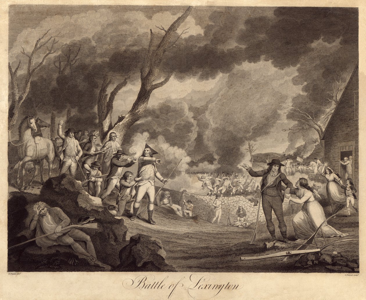 Lexingtonin taistelu, kaivertaja Cornelius Tiebout (1768-1835). tekijältä Elkanah Tisdale