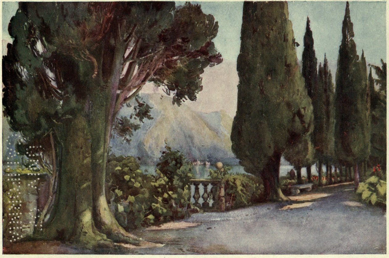 Cypress Avenue, Villa del Pizzo, Lago di Como, kuvitus Richard Bagotin teoksesta Italian järvet tekijältä Ella Du Cane