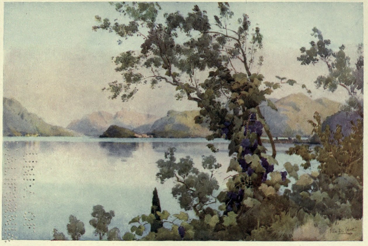 Ilta, Lago di Como, kuvitus Richard Bagotin teoksesta "Italian järvet". tekijältä Ella Du Cane