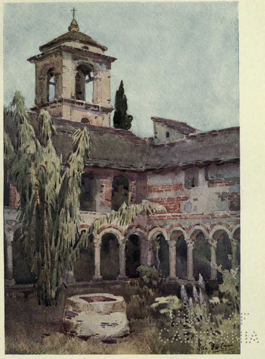 Chiostro di Piona, Comon järvi, kuvitus Richard Bagotin teoksesta "Italian järvet". tekijältä Ella Du Cane
