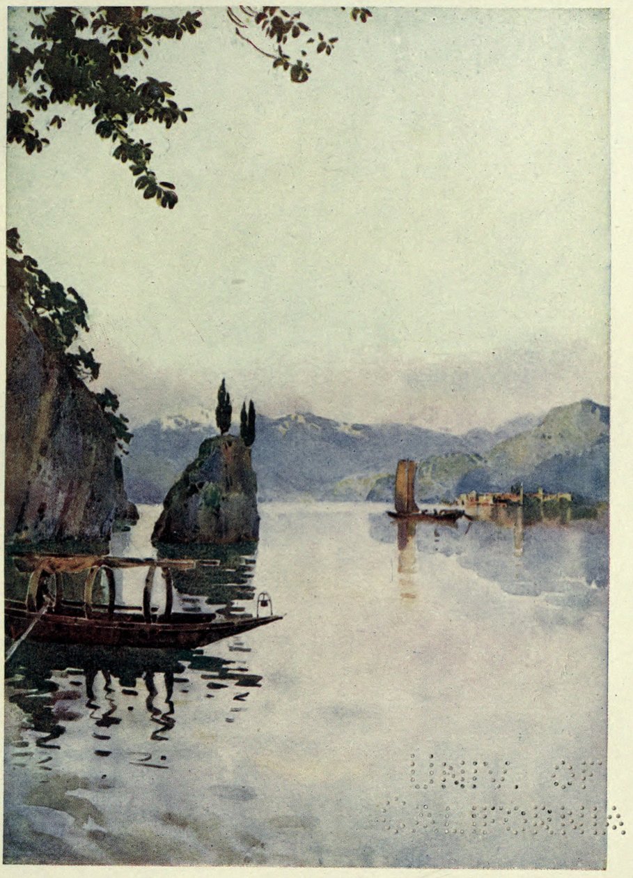 Il Punto di Bellagio, Como-järvi, kuvitus Richard Bagotin teoksesta "Italian järvet" tekijältä Ella Du Cane