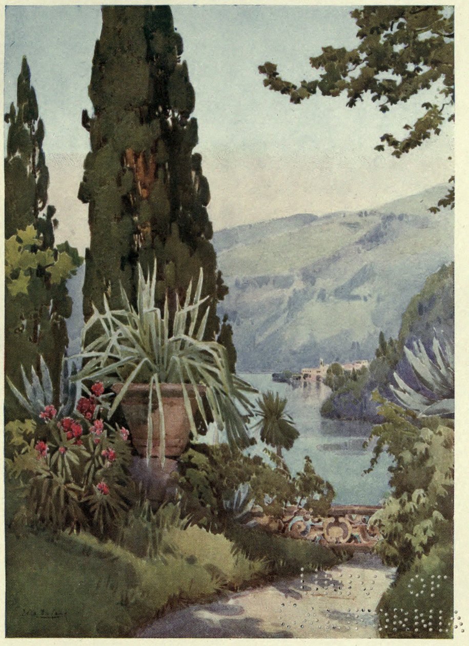 Villa Arconatin puutarhassa, Lago di Como, kuvitus Richard Bagotin teoksesta "Italian järvet" tekijältä Ella Du Cane