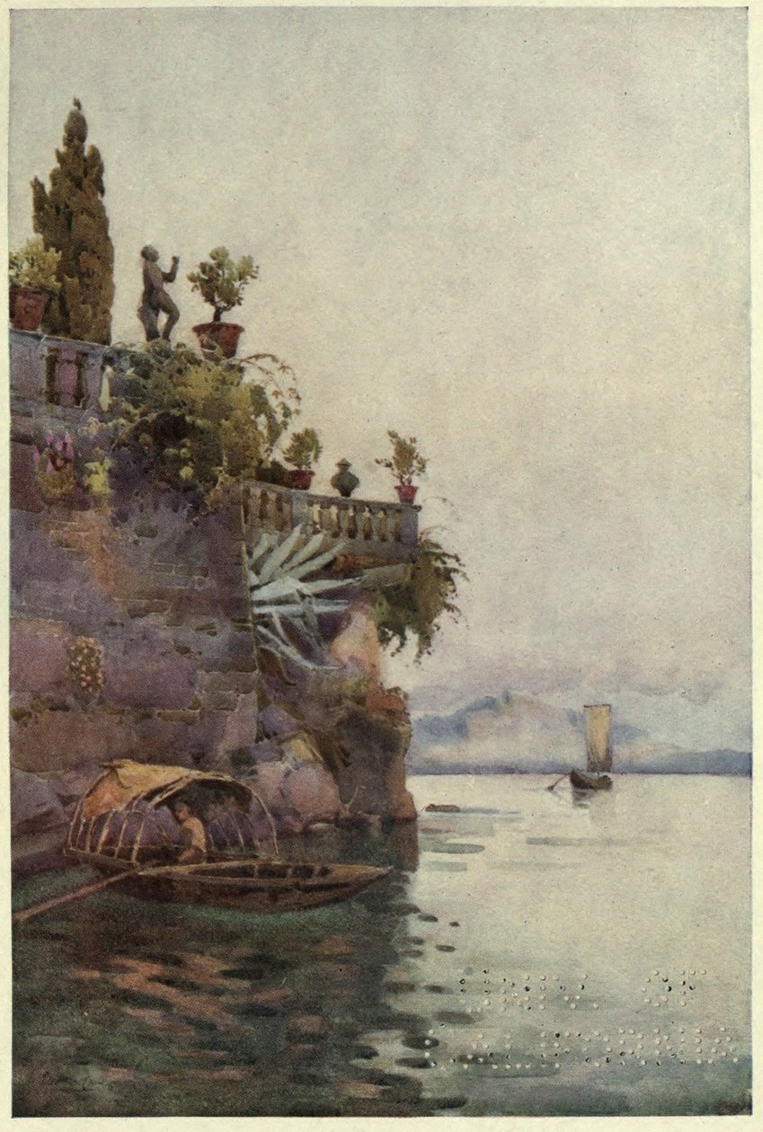 Terassin varjossa, Lago di Como, kuvitus Richard Bagotin teoksesta "Italian järvet" tekijältä Ella Du Cane