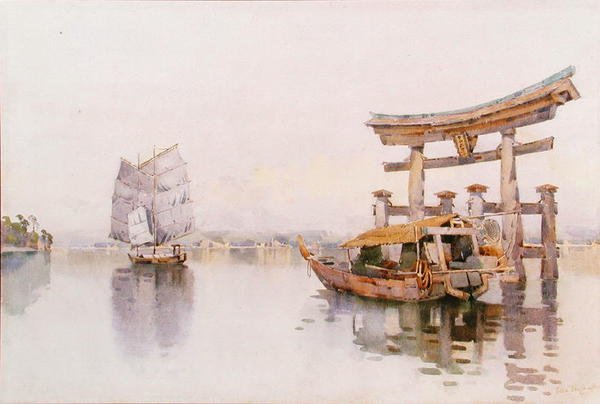 Torii-portti Itsukushiman pyhäkön sisäänkäynnissä, Miyajima, Japani (akvarelli paperille) tekijältä Ella Du Cane