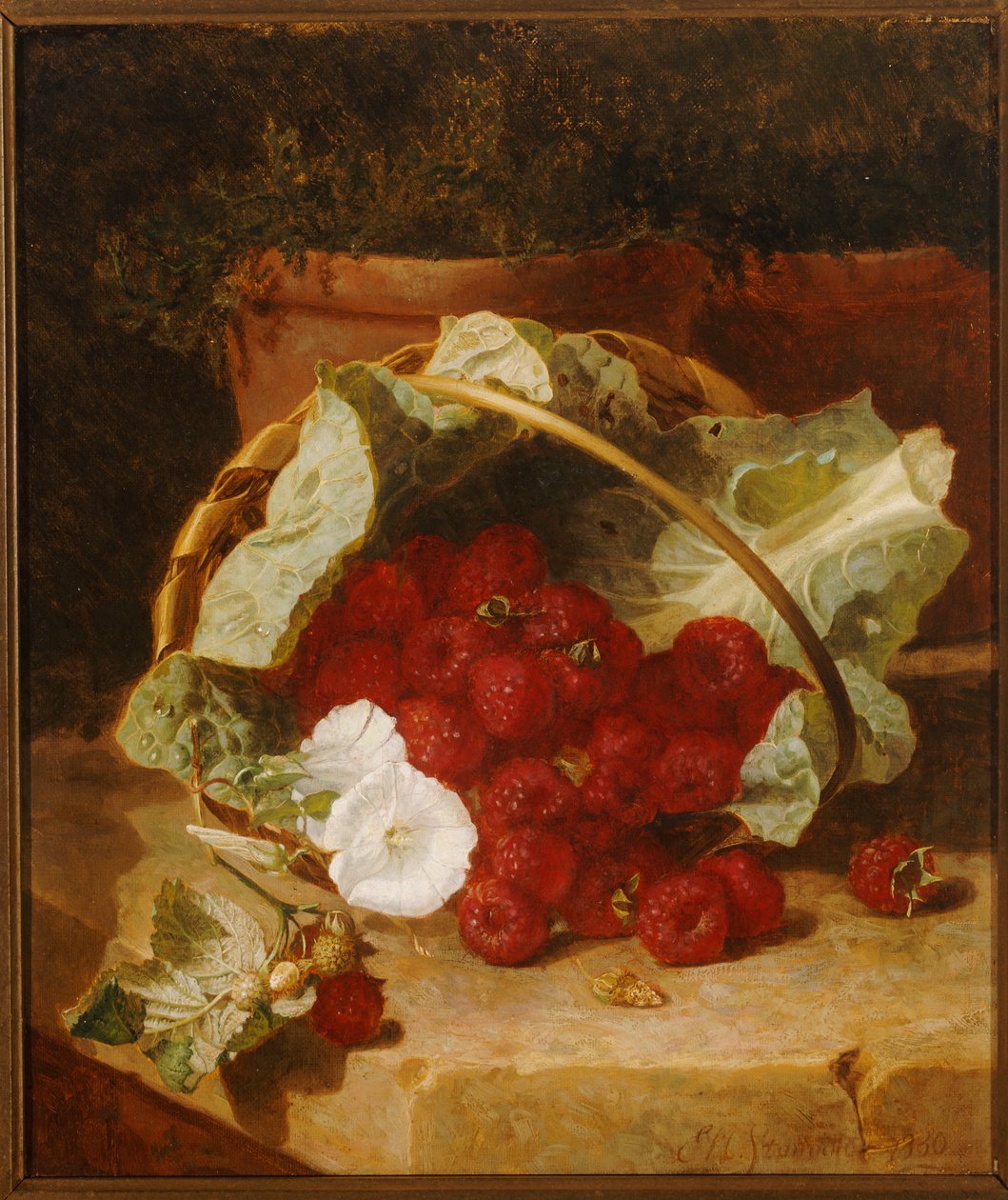 Vadelmat kaalinlehdillä vuoratussa korissa, jossa on valkoinen kouristukset kivireunassa, 1880 tekijältä Eloise Harriet Stannard