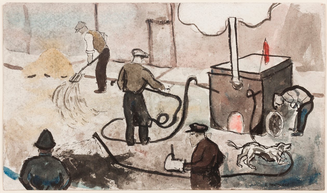 Lontoo: East End Street Works, n. 1935 (muste ja akvarelli paperille) tekijältä Elwin Hawthorne